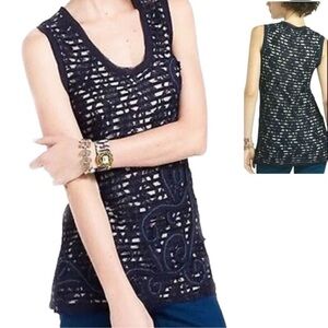 Meadow Rue Anthropologie Womens Floral Lace Tunic Tank Top S Navy Blue Raw Edge